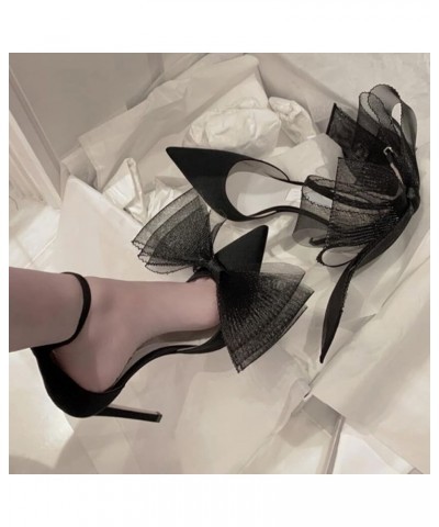 Black Bowknot Stilettos Pointed Closed High Heel for Women Ankle Strap Wedding Party Dress Pumps Sandals Black $30.77 Sandals