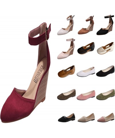 Womens Sandals Dressy Fashion Closed Toe Solid Suede Pointed Wedge Sandals Fall Buckle Sandals Wedding Shoes for Bride Wine_0...