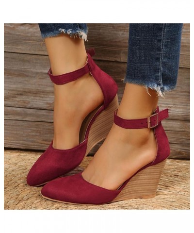 Womens Sandals Dressy Fashion Closed Toe Solid Suede Pointed Wedge Sandals Fall Buckle Sandals Wedding Shoes for Bride Wine_0...