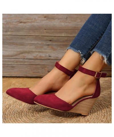 Womens Sandals Dressy Fashion Closed Toe Solid Suede Pointed Wedge Sandals Fall Buckle Sandals Wedding Shoes for Bride Wine_0...