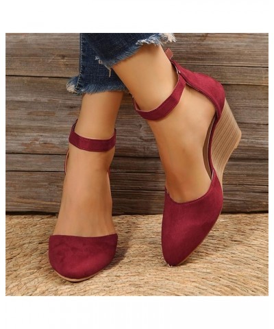 Womens Sandals Dressy Fashion Closed Toe Solid Suede Pointed Wedge Sandals Fall Buckle Sandals Wedding Shoes for Bride Wine_0...