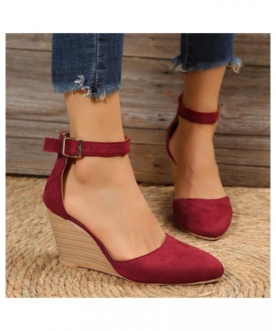 Womens Sandals Dressy Fashion Closed Toe Solid Suede Pointed Wedge Sandals Fall Buckle Sandals Wedding Shoes for Bride Wine_0...