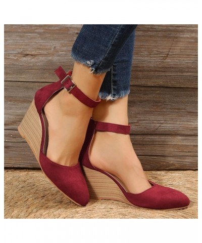 Womens Sandals Dressy Fashion Closed Toe Solid Suede Pointed Wedge Sandals Fall Buckle Sandals Wedding Shoes for Bride Wine_0...