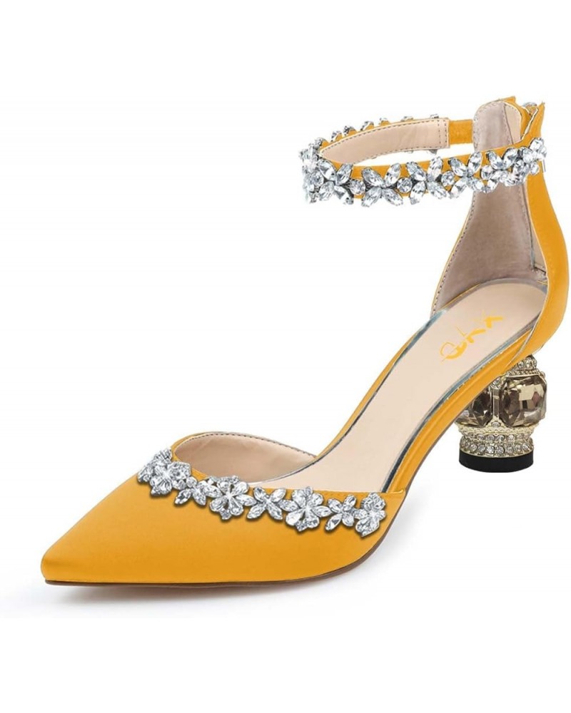 Women Pointed Toe Block Heels for Wedding Bridal Flowered Crystal Straps D'Orsay Pumps Back Zip Dress Evening Shoes Yellow $3...