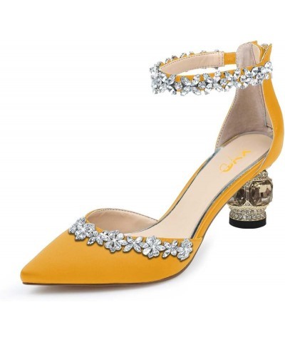 Women Pointed Toe Block Heels for Wedding Bridal Flowered Crystal Straps D'Orsay Pumps Back Zip Dress Evening Shoes Yellow $3...