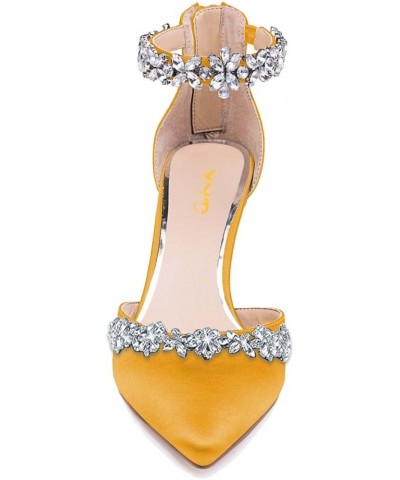 Women Pointed Toe Block Heels for Wedding Bridal Flowered Crystal Straps D'Orsay Pumps Back Zip Dress Evening Shoes Yellow $3...