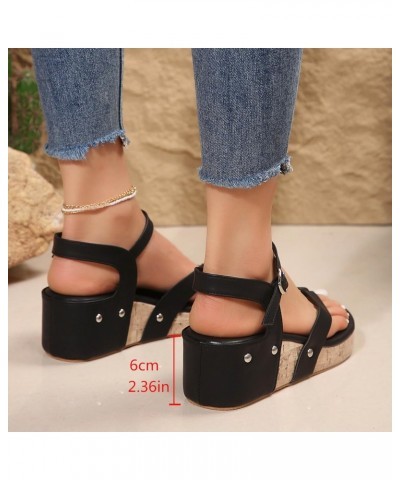 Platform Sandals for Women 2024 Ladies Bohemian Leather Open Toe Buckle Strap Slope Heel Thick Soled Roman Sandals (Black, 7)...