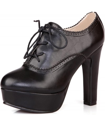 Women Round Toe Classic Block High Heel Pumps Lace Up Brogue Black 2 $29.54 Pumps