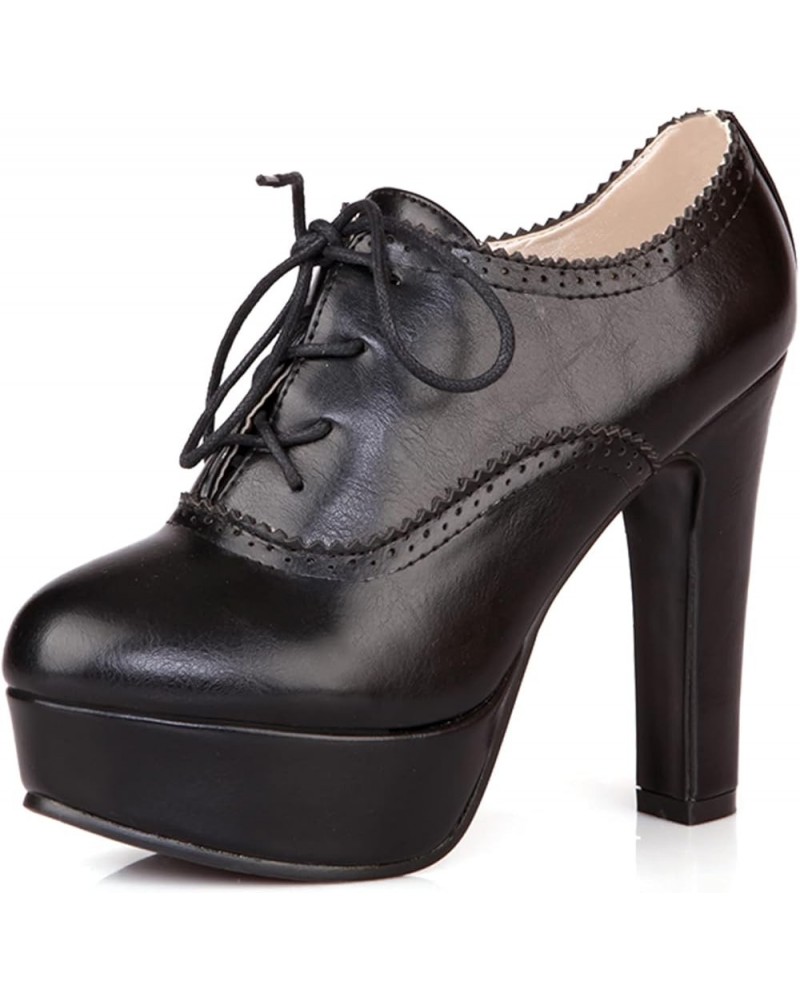 Women Round Toe Classic Block High Heel Pumps Lace Up Brogue Black 2 $29.54 Pumps