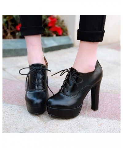 Women Round Toe Classic Block High Heel Pumps Lace Up Brogue Black 2 $29.54 Pumps