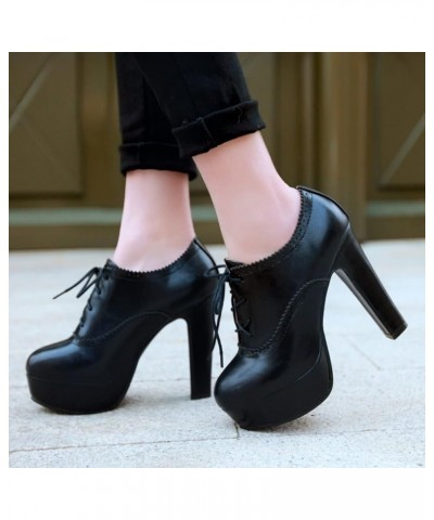 Women Round Toe Classic Block High Heel Pumps Lace Up Brogue Black 2 $29.54 Pumps