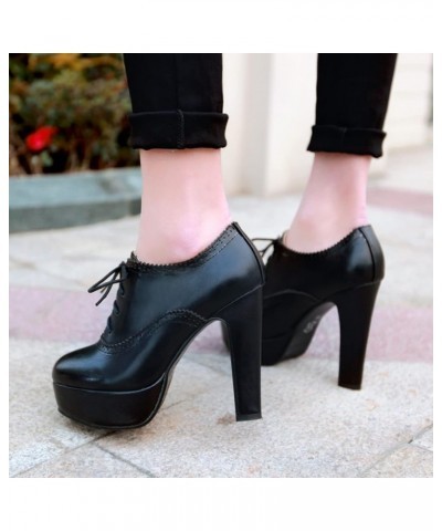 Women Round Toe Classic Block High Heel Pumps Lace Up Brogue Black 2 $29.54 Pumps