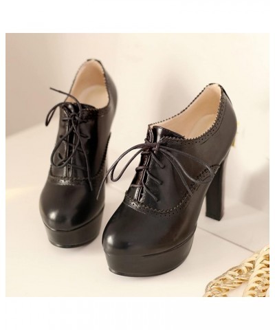 Women Round Toe Classic Block High Heel Pumps Lace Up Brogue Black 2 $29.54 Pumps