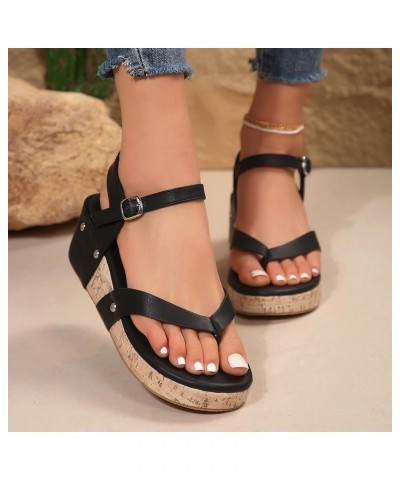 Platform Sandals for Women 2024 Ladies Bohemian Leather Open Toe Buckle Strap Slope Heel Thick Soled Roman Sandals (Black, 7)...