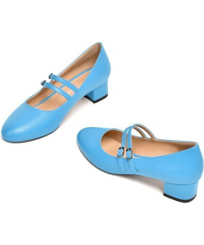 Womens Office Round Toe Adjustable Strap Fashion Buckle Matte Chunky Low Heel Pumps Shoes 1.5 Inch Sky Blue $36.95 Pumps