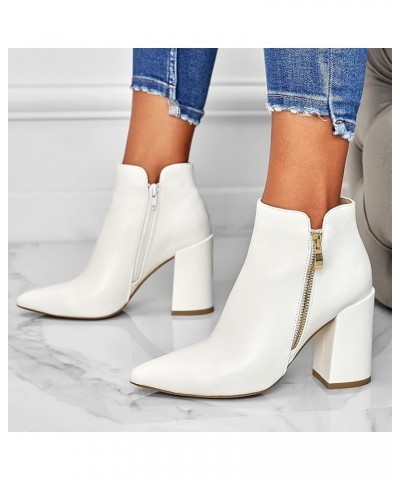 Women's Casual Roman Short Ankle Boots Square Heels Leather Booties Z 04-white $17.88 Boots