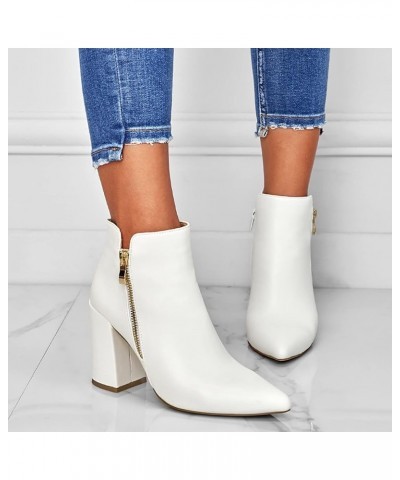 Women's Casual Roman Short Ankle Boots Square Heels Leather Booties Z 04-white $17.88 Boots