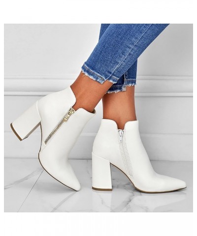 Women's Casual Roman Short Ankle Boots Square Heels Leather Booties Z 04-white $17.88 Boots