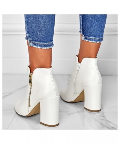 Women's Casual Roman Short Ankle Boots Square Heels Leather Booties Z 04-white $17.88 Boots