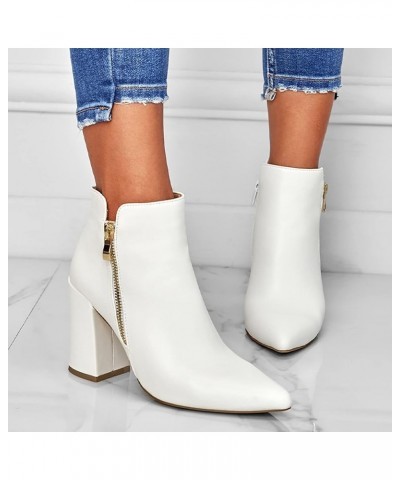 Women's Casual Roman Short Ankle Boots Square Heels Leather Booties Z 04-white $17.88 Boots