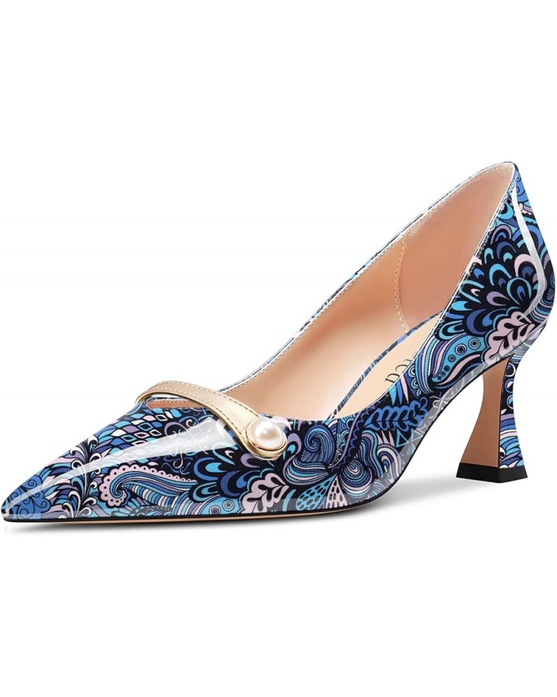 Women Chunky Block Mid Heel Pointed Toe Pumps Slip-on Pearls Prom Dress 2.6 Inches Heels Peacock Blue $40.39 Pumps