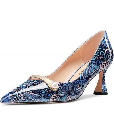 Women Chunky Block Mid Heel Pointed Toe Pumps Slip-on Pearls Prom Dress 2.6 Inches Heels Peacock Blue $40.39 Pumps