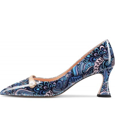 Women Chunky Block Mid Heel Pointed Toe Pumps Slip-on Pearls Prom Dress 2.6 Inches Heels Peacock Blue $40.39 Pumps