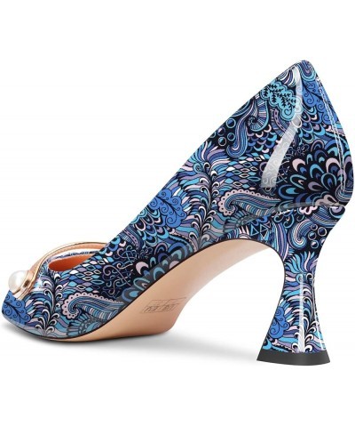 Women Chunky Block Mid Heel Pointed Toe Pumps Slip-on Pearls Prom Dress 2.6 Inches Heels Peacock Blue $40.39 Pumps