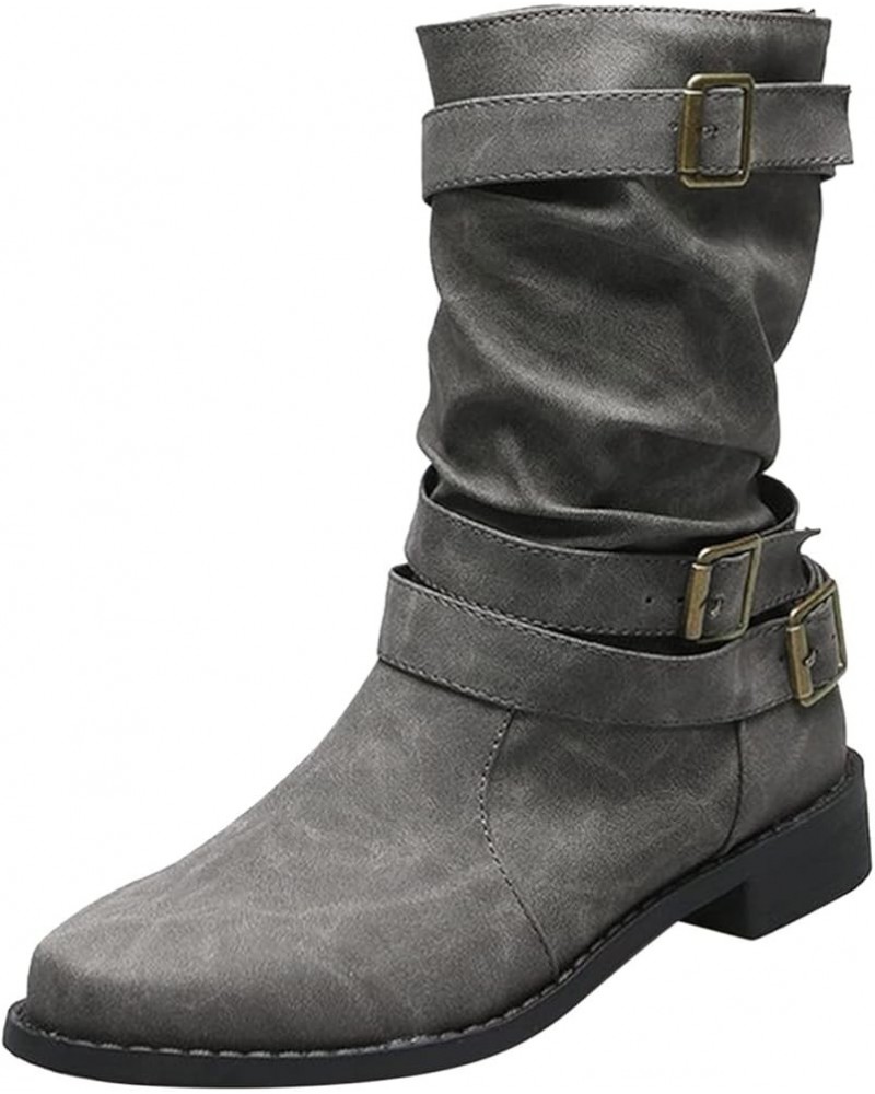 Cowgirl Boots Women, Womens Block Heel Mid High Moto Boots Pull On Leather Buckle Belt Cowboy Boots Fashion Boots Grey $28.59...