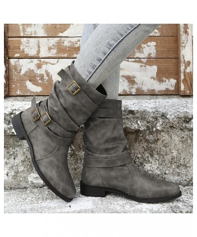 Cowgirl Boots Women, Womens Block Heel Mid High Moto Boots Pull On Leather Buckle Belt Cowboy Boots Fashion Boots Grey $28.59...