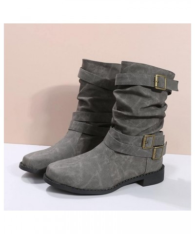 Cowgirl Boots Women, Womens Block Heel Mid High Moto Boots Pull On Leather Buckle Belt Cowboy Boots Fashion Boots Grey $28.59...