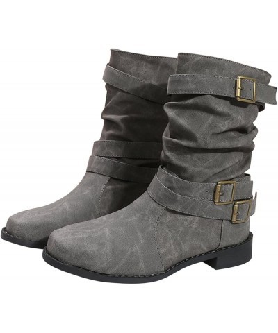 Cowgirl Boots Women, Womens Block Heel Mid High Moto Boots Pull On Leather Buckle Belt Cowboy Boots Fashion Boots Grey $28.59...