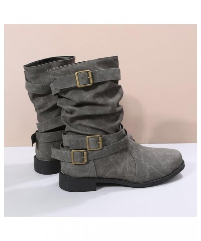 Cowgirl Boots Women, Womens Block Heel Mid High Moto Boots Pull On Leather Buckle Belt Cowboy Boots Fashion Boots Grey $28.59...