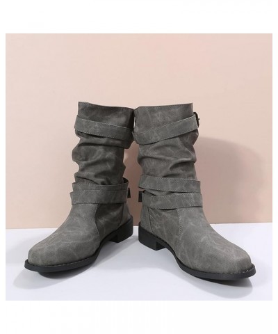 Cowgirl Boots Women, Womens Block Heel Mid High Moto Boots Pull On Leather Buckle Belt Cowboy Boots Fashion Boots Grey $28.59...