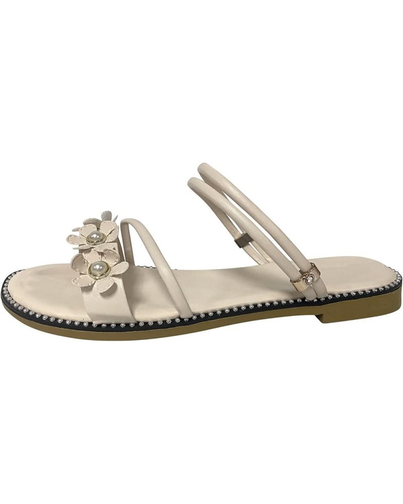 Flat Sandals for Women Dressy Ladies Shoes Summer Boho Sandals Fashion Pearl Flower Sandals Flat Casual Open Toe Beige 7 $10....