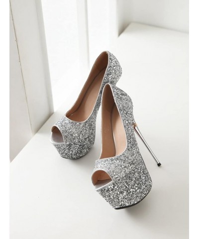 Women's Platform Stiletto Heel Pumps Slip On Peep Toe Pumps Dress Wedding Party Shoes 06 Silver $28.51 Pumps