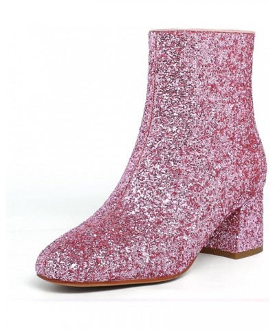 Women's Sequins Glitter Chunky Heel Ankle Boots Sparkly Wedding Bridal Party Dress Shoes Block Mid Heels Side Zipper Booties ...