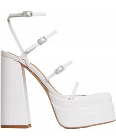 High Chunky Block Heeled for Woman Square Toe Multi Buckle Straps Cute Shoes Peep Toe Pump Shoes Platform Sandals White $33.6...