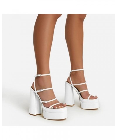 High Chunky Block Heeled for Woman Square Toe Multi Buckle Straps Cute Shoes Peep Toe Pump Shoes Platform Sandals White $33.6...