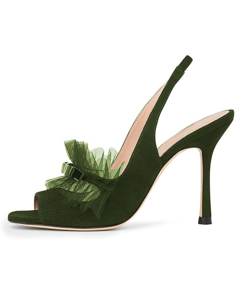 Summer Square Toe Bowknot Stiletto Heels Sandals for Women Transparent Mesh Ruffle Slingback Dressy Elegant Shoes Green $37.6...