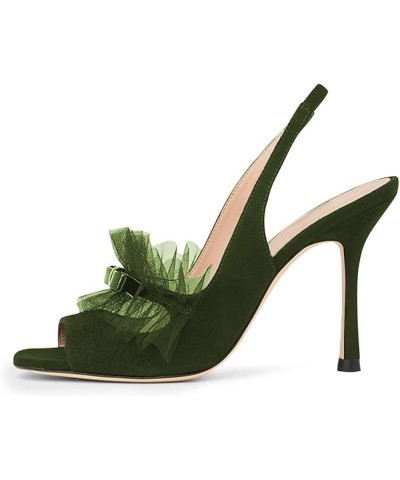 Summer Square Toe Bowknot Stiletto Heels Sandals for Women Transparent Mesh Ruffle Slingback Dressy Elegant Shoes Green $37.6...