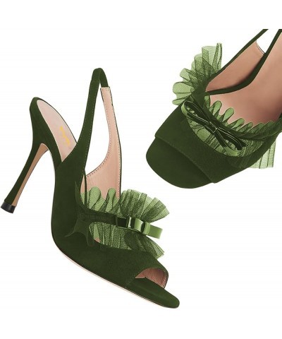 Summer Square Toe Bowknot Stiletto Heels Sandals for Women Transparent Mesh Ruffle Slingback Dressy Elegant Shoes Green $37.6...