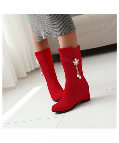 Ladies Fashion Solid Suede Pearl Flower Decorative Side Zipper Wedge Heel Chunky Suede Boots for Women Mid Calf No Heel Size8...