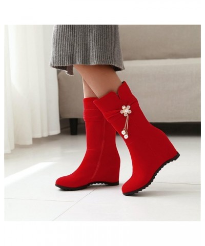 Ladies Fashion Solid Suede Pearl Flower Decorative Side Zipper Wedge Heel Chunky Suede Boots for Women Mid Calf No Heel Size8...