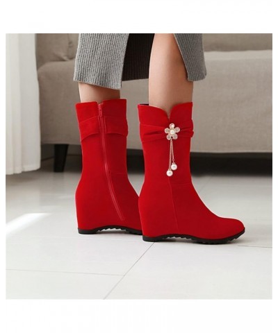 Ladies Fashion Solid Suede Pearl Flower Decorative Side Zipper Wedge Heel Chunky Suede Boots for Women Mid Calf No Heel Size8...