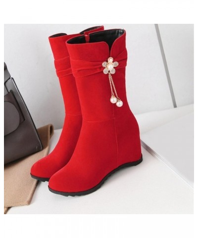 Ladies Fashion Solid Suede Pearl Flower Decorative Side Zipper Wedge Heel Chunky Suede Boots for Women Mid Calf No Heel Size8...