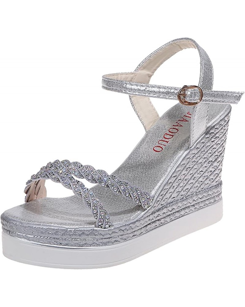 Women Bohemian Peep Toe Wedges Thick Bottom Flatform Shoes Sandals Z 12-silver $14.61 Slippers