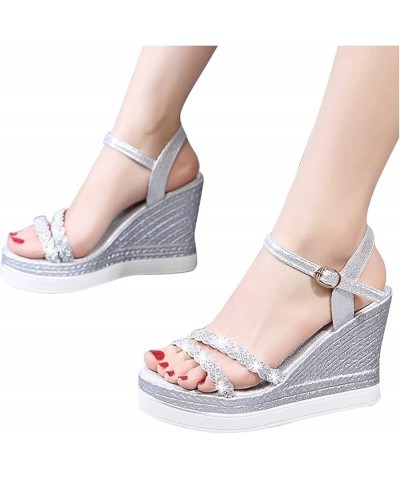 Women Bohemian Peep Toe Wedges Thick Bottom Flatform Shoes Sandals Z 12-silver $14.61 Slippers