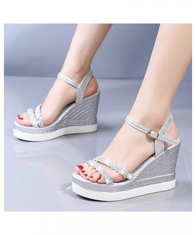 Women Bohemian Peep Toe Wedges Thick Bottom Flatform Shoes Sandals Z 12-silver $14.61 Slippers