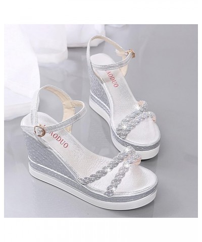 Women Bohemian Peep Toe Wedges Thick Bottom Flatform Shoes Sandals Z 12-silver $14.61 Slippers